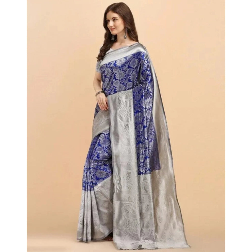 जेनेरिक महिलाओं की सॉफ्ट लीची सिल्क प्रिंटेड साड़ी, बिना सिले ब्लाउज के साथ, 5.5 मीटर (नीला)