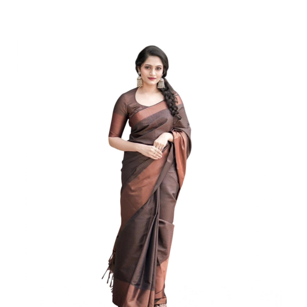 जेनेरिक महिलाओं की सॉफ्ट लीची सिल्क प्रिंटेड साड़ी, बिना सिले ब्लाउज के साथ, 5.5 मीटर (भूरा)