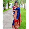 जेनेरिक महिलाओं की सॉफ्ट लीची सिल्क सॉलिड साड़ी, बिना सिले ब्लाउज के साथ, 5.5 मीटर (नीला)