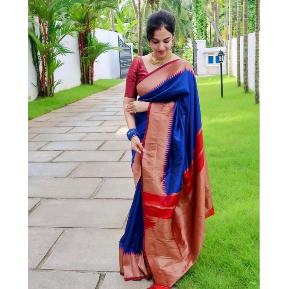 जेनेरिक महिलाओं की सॉफ्ट लीची सिल्क सॉलिड साड़ी, बिना सिले ब्लाउज के साथ, 5.5 मीटर (नीला)