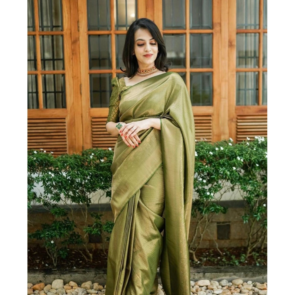 जेनेरिक महिलाओं की सॉफ्ट लीची सिल्क प्रिंटेड साड़ी, बिना सिले ब्लाउज के साथ, 5.5 मीटर (हरा)