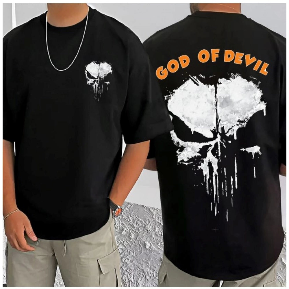 Generic Men's Casual Cotton Blend Printed Round Neck Half Sleeve T-Shirt (Black)