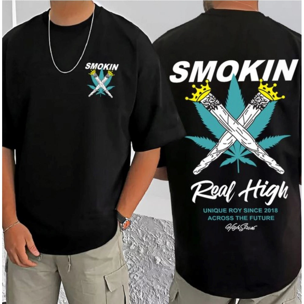 जेनरिक मेन्स कैजुअल कॉटन ब्लेंड प्रिंटेड राउंड नेक हाफ स्लीव टी-शर्ट (ब्लैक)