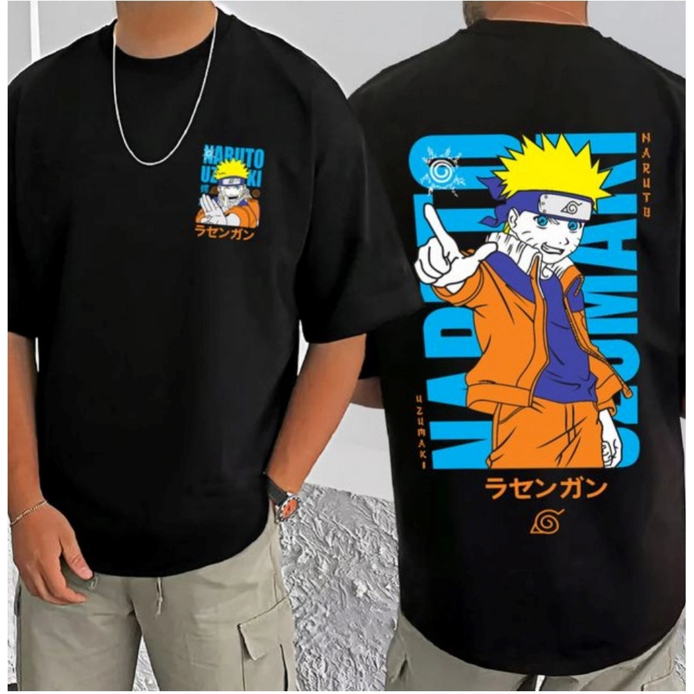 Generic Men's Casual Cotton Blend Printed Round Neck Half Sleeve T-Shirt (Black)