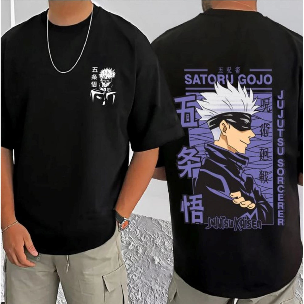 Generic Men's Casual Cotton Blend Printed Round Neck Half Sleeve T-Shirt (Black)