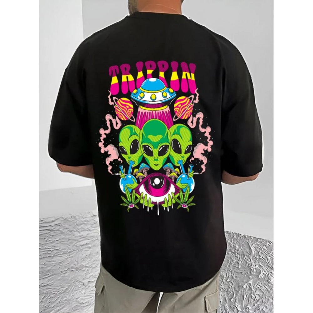 जेनेरिक मेन्स कैजुअल कॉटन ब्लेंड प्रिंटेड राउंड नेक हाफ स्लीव टी-शर्ट (ब्लैक)