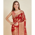 Generic Women's Soft Organza Silk Weaving Design Saree With Unstitched Blouse 5.5Mtr (Red)