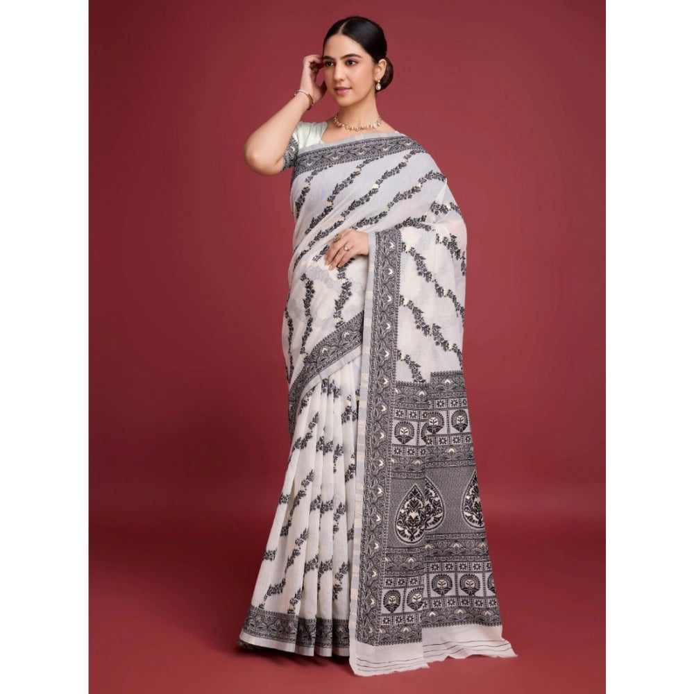 महिलाओं के लिए सामान्य जामदानी कॉटन सिल्क प्रिंटेड साड़ी, बिना सिला ब्लाउज के साथ, 5.5 मीटर (काला)