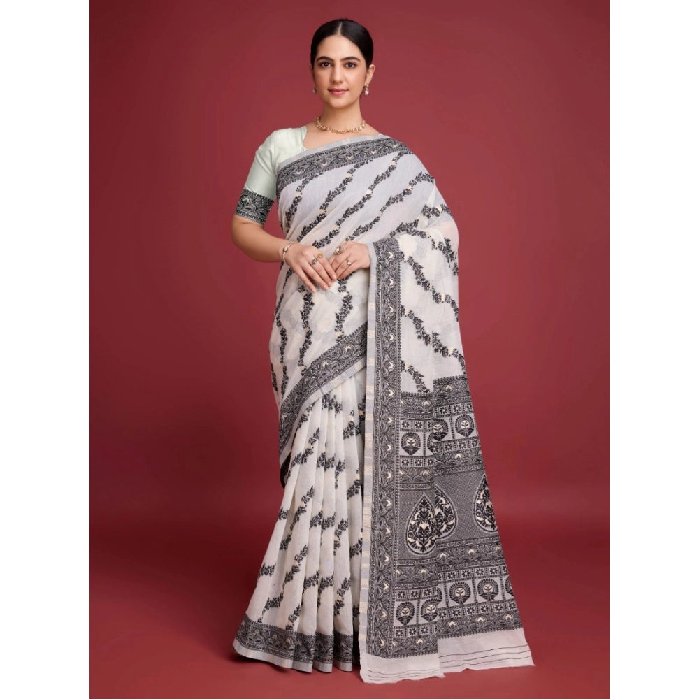 महिलाओं के लिए सामान्य जामदानी कॉटन सिल्क प्रिंटेड साड़ी, बिना सिला ब्लाउज के साथ, 5.5 मीटर (काला)