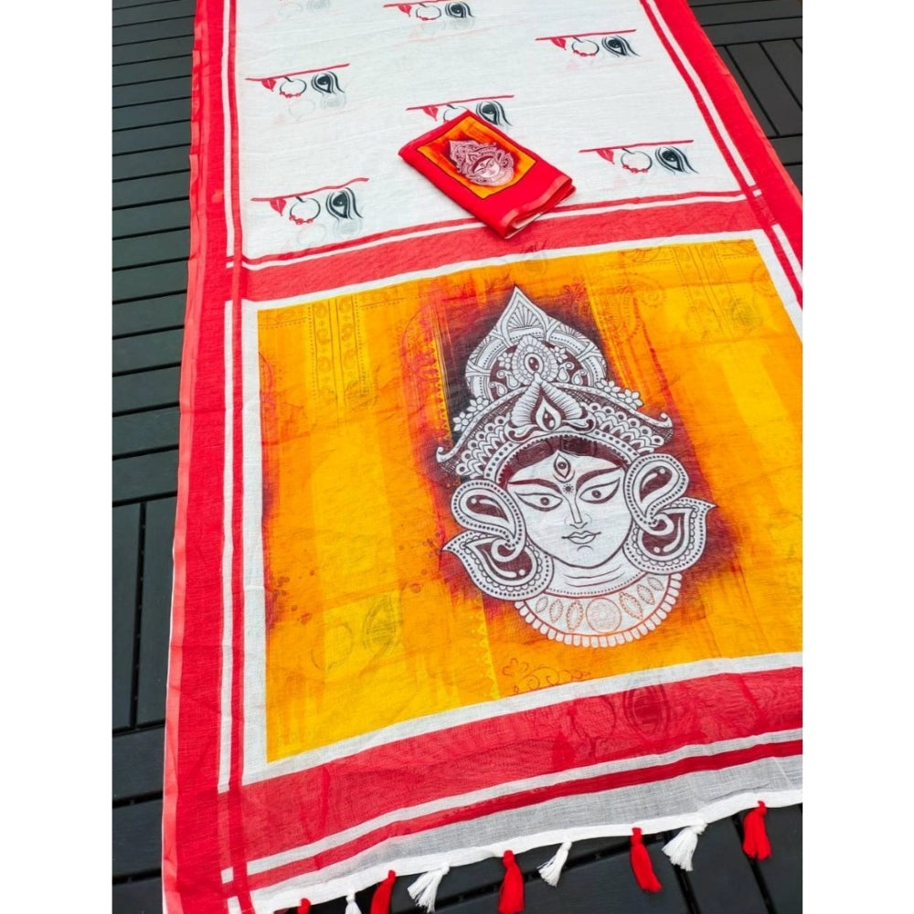 महिलाओं के लिए डिजिटल प्रिंट वाली लिनन की सामान्य साड़ी, बिना सिला ब्लाउज के साथ, 5.5 मीटर (सफेद)