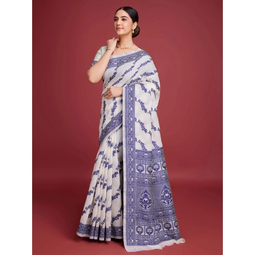 महिलाओं के लिए सामान्य जामदानी कॉटन सिल्क प्रिंटेड साड़ी, बिना सिला ब्लाउज के साथ, 5.5 मीटर (नेवी ब्लू)