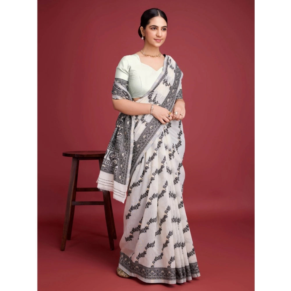 महिलाओं के लिए सामान्य जामदानी कॉटन सिल्क प्रिंटेड साड़ी, बिना सिला ब्लाउज के साथ, 5.5 मीटर (काला)