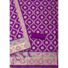 Generic Women's Banarasi Silk Printed Unstitched Salwar Suit Material With Dupatta (Purple, 3Mtrs)