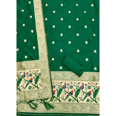 Generic Women's Banarasi Silk Printed Unstitched Salwar Suit Material With Dupatta (Bottle Green, 3Mtrs)