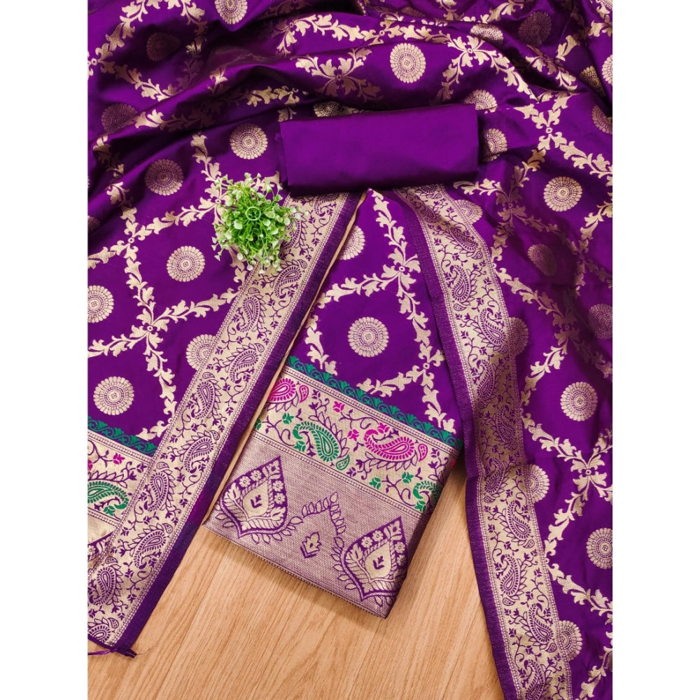 Generic Women's Banarasi Silk Printed Unstitched Salwar Suit Material With Dupatta (Purple, 3Mtrs)
