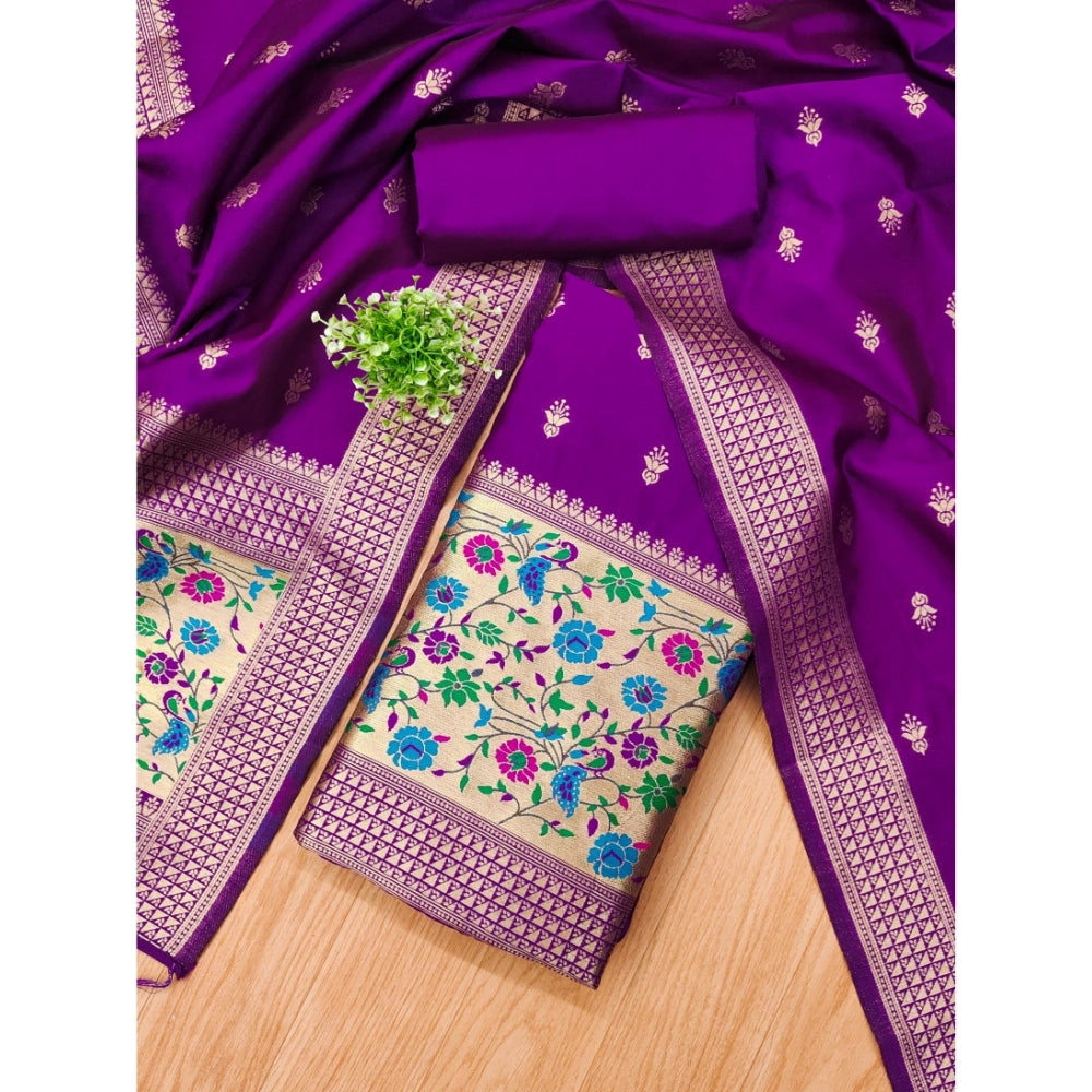 Generic Women's Banarasi Silk Printed Unstitched Salwar Suit Material With Dupatta (Purple, 3Mtrs)