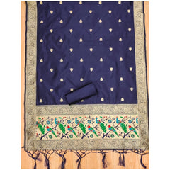 Generic Women's Banarasi Silk Printed Unstitched Salwar Suit Material With Dupatta (Navy Blue, 3Mtrs)
