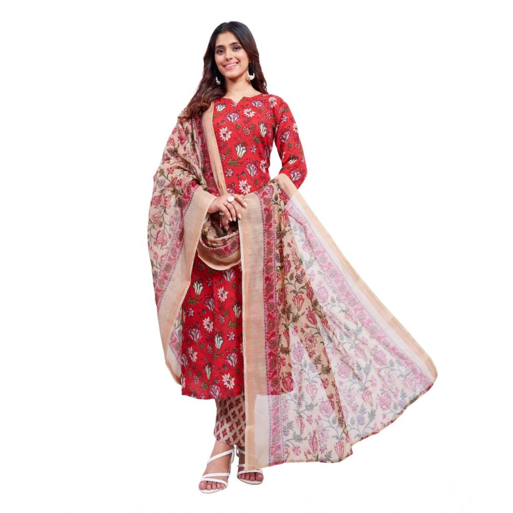 जेनरिक महिलाओं का कॉटन ब्लेंड प्रिंटेड कुर्ती पैंट दुपट्टा सेट (लाल)