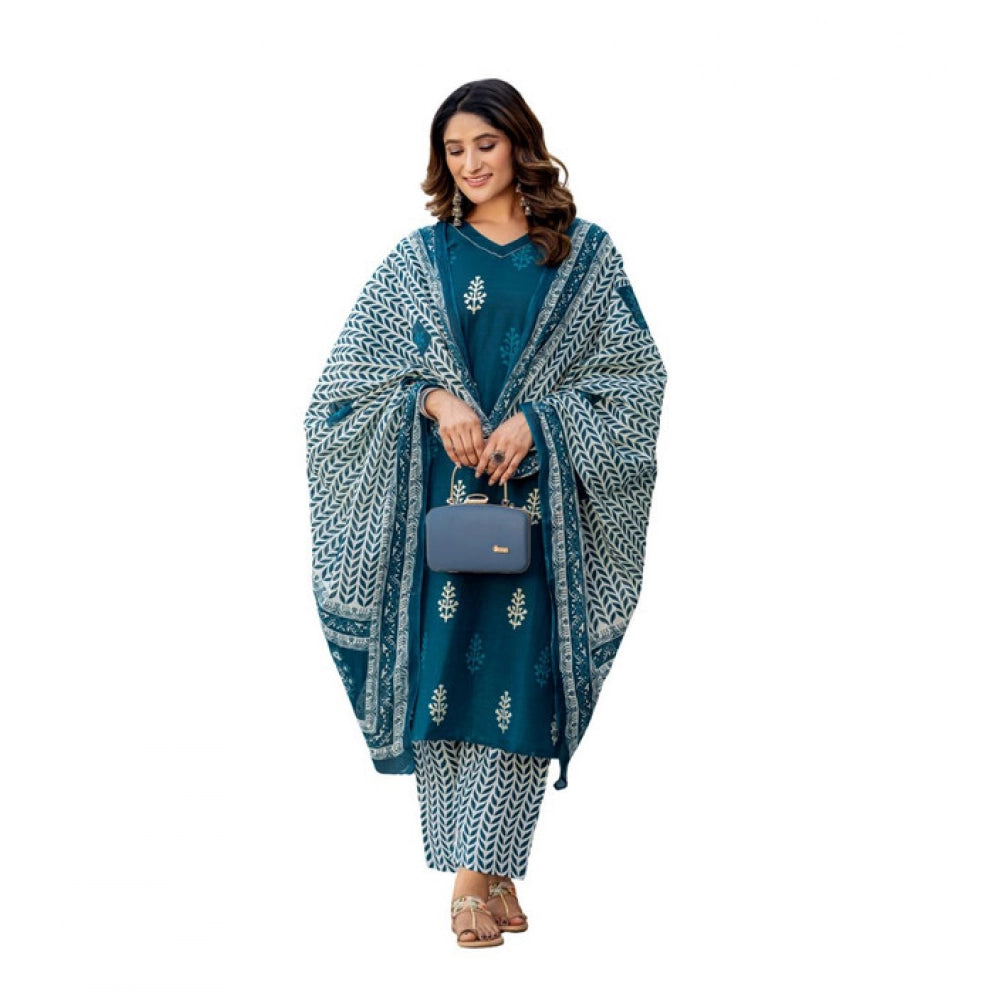 महिलाओं के लिए कॉटन ब्लेंड प्रिंटेड कुर्ती और पैंट दुपट्टा सेट (मॉरपिच)