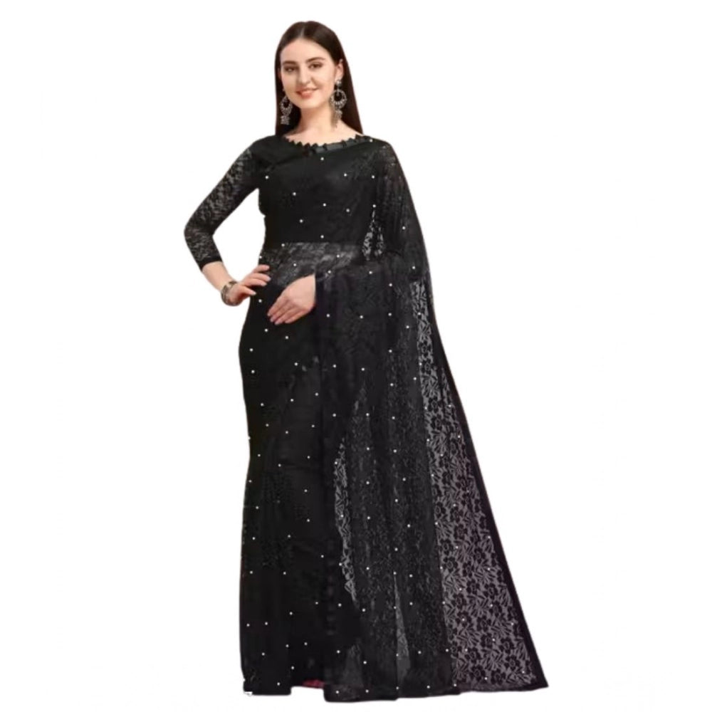 Generic Women's Net Self Design Saree With Unstitched Blouse 5.5MtrÂ (Black)