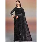 Generic Women's Net Self Design Saree With Unstitched Blouse 5.5MtrÂ (Black)