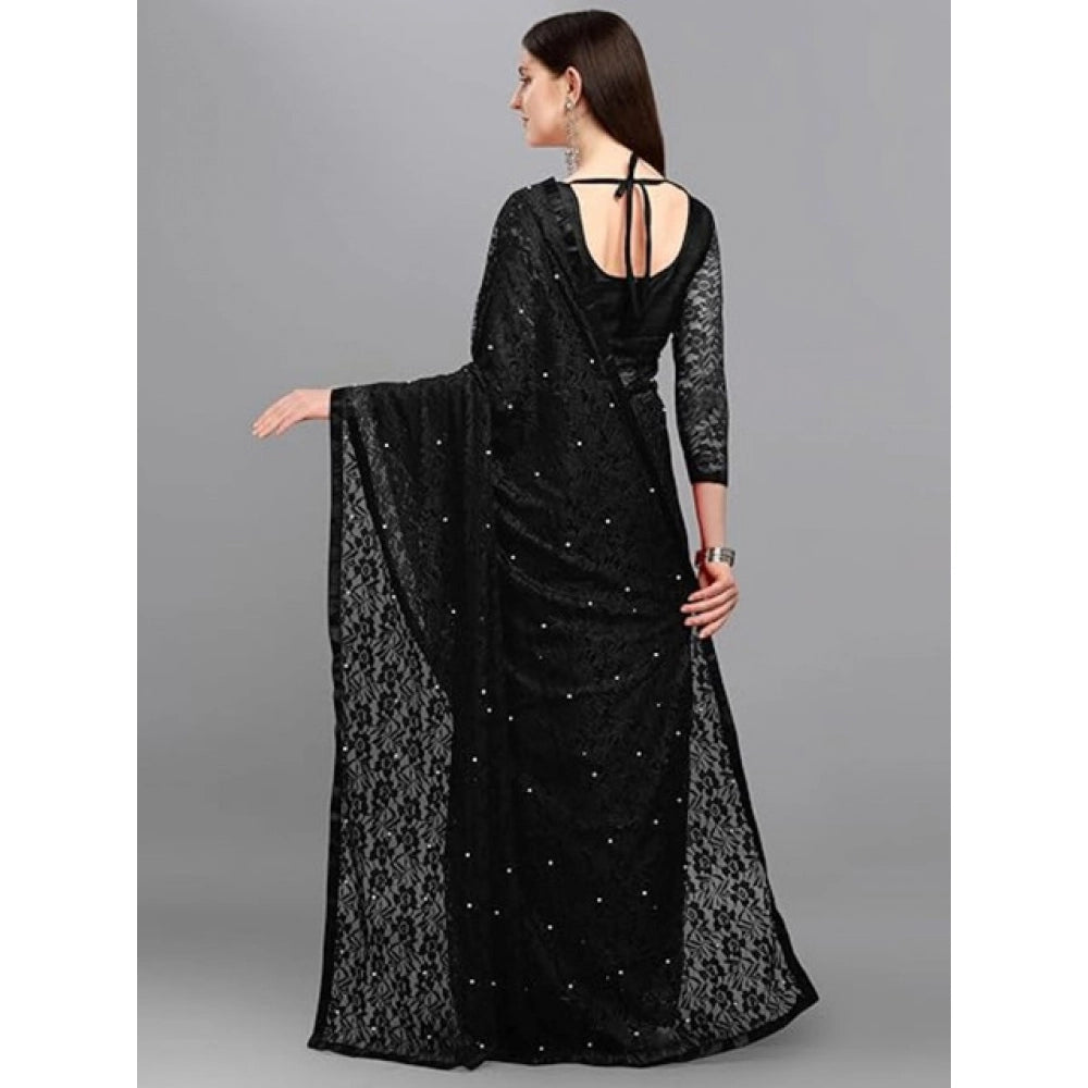 Generic Women's Net Self Design Saree With Unstitched Blouse 5.5MtrÂ (Black)