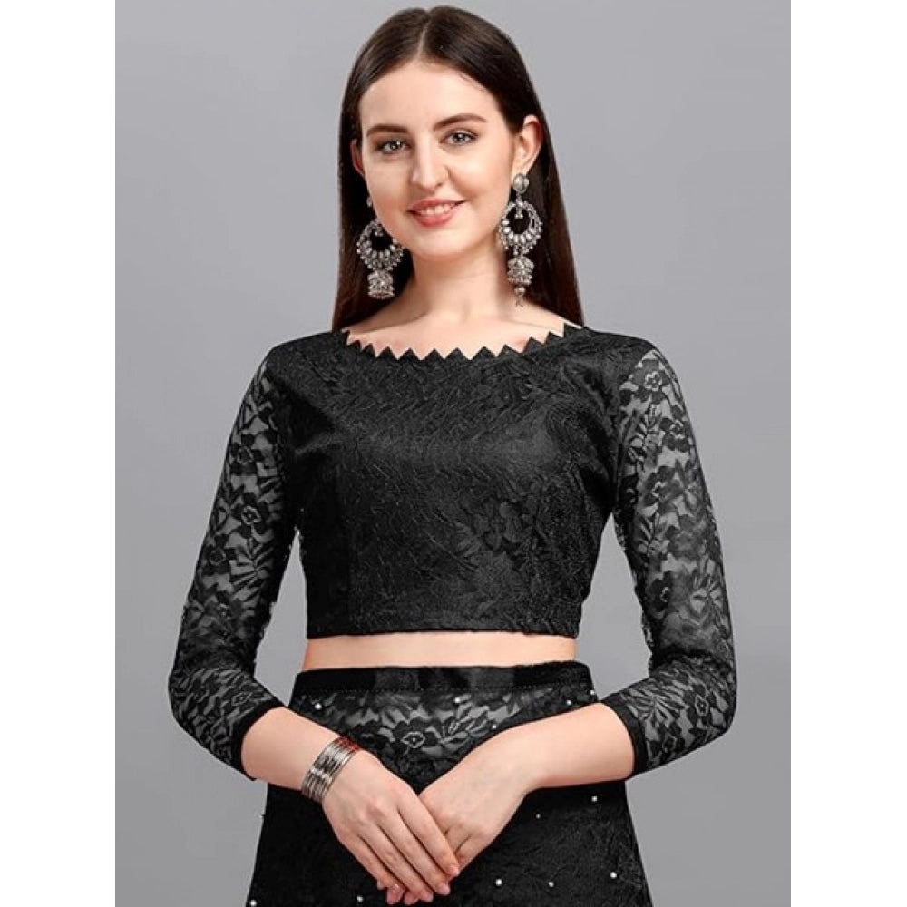 Generic Women's Net Self Design Saree With Unstitched Blouse 5.5MtrÂ (Black)