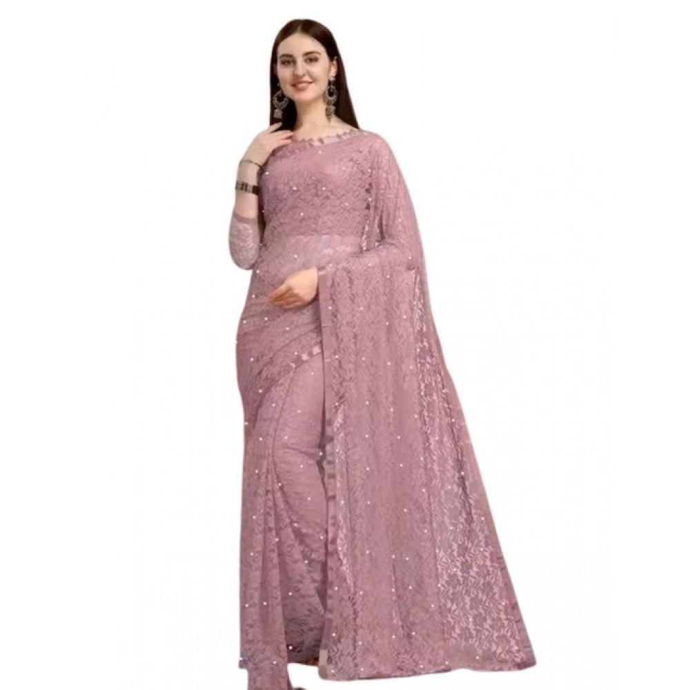 Generic Women's Net Self Design Saree With Unstitched Blouse 5.5MtrÂ (Light Brown)
