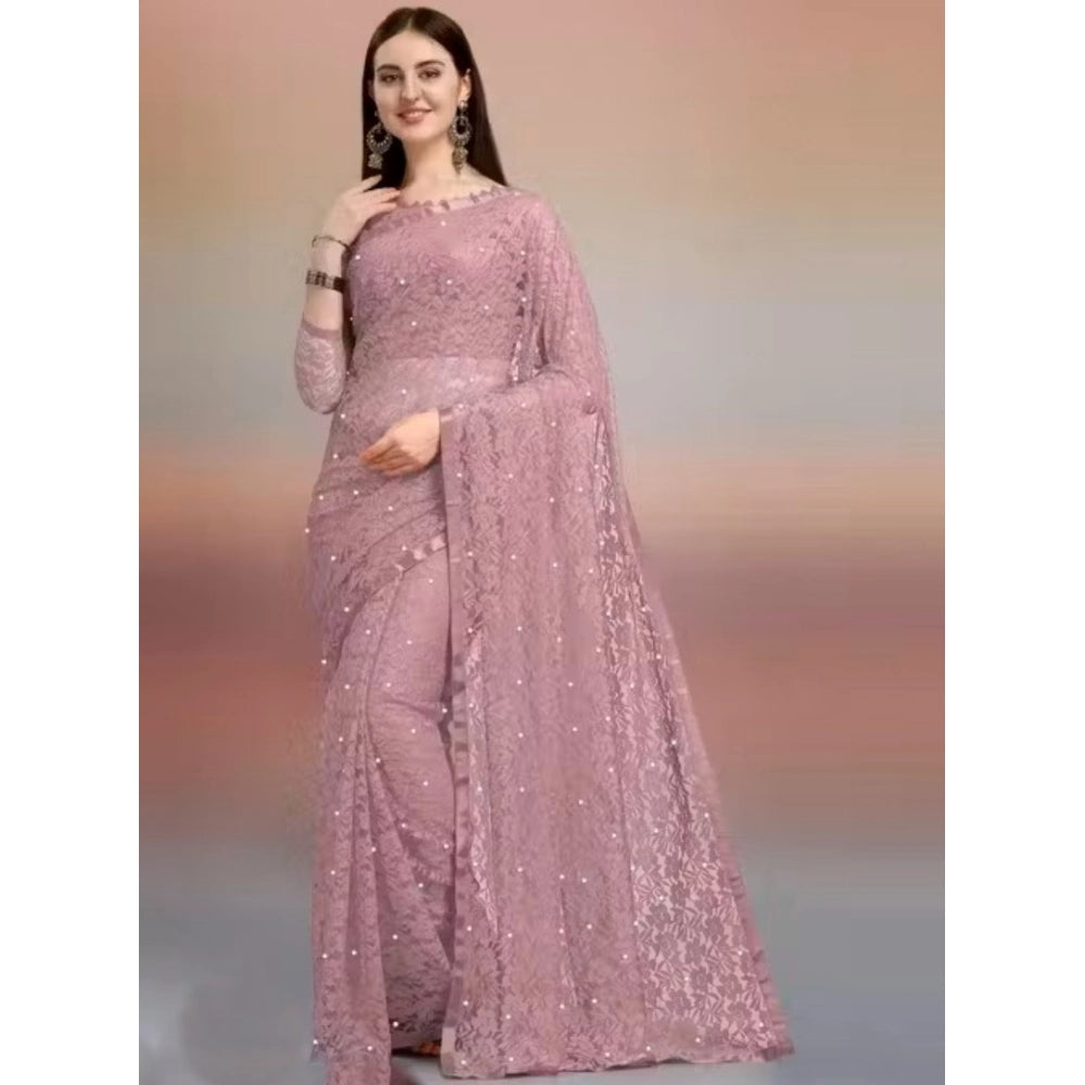 Generic Women's Net Self Design Saree With Unstitched Blouse 5.5MtrÂ (Light Brown)