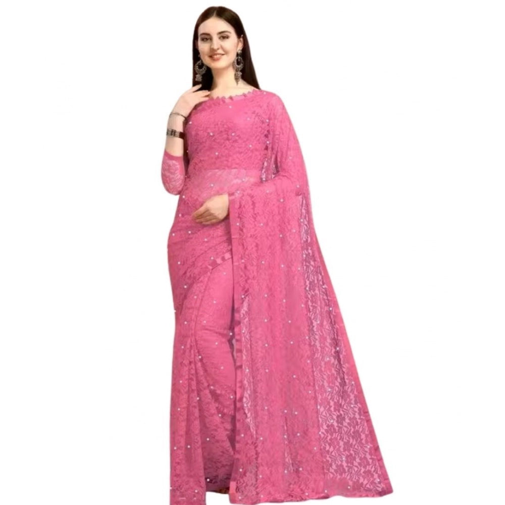 Generic Women's Net Self Design Saree With Unstitched Blouse 5.5MtrÂ (Dark Pink)