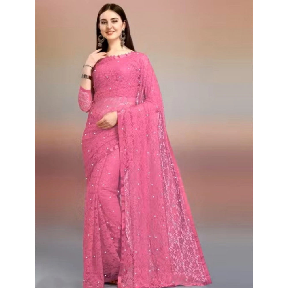 Generic Women's Net Self Design Saree With Unstitched Blouse 5.5MtrÂ (Dark Pink)