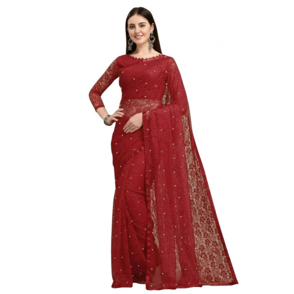 Generic Women's Net Self Design Saree With Unstitched Blouse 5.5MtrÂ (Maroon)