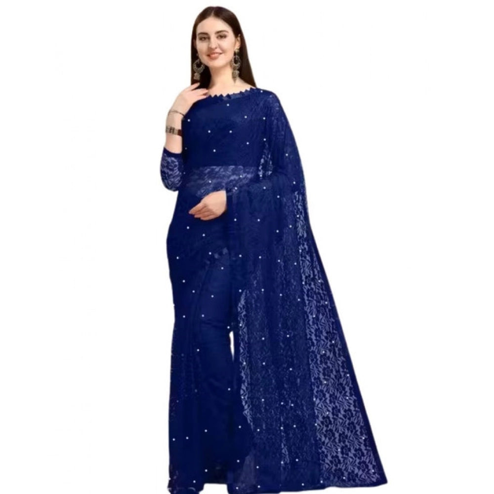 Generic Women's Net Self Design Saree With Unstitched Blouse 5.5MtrÂ (Navy Blue)