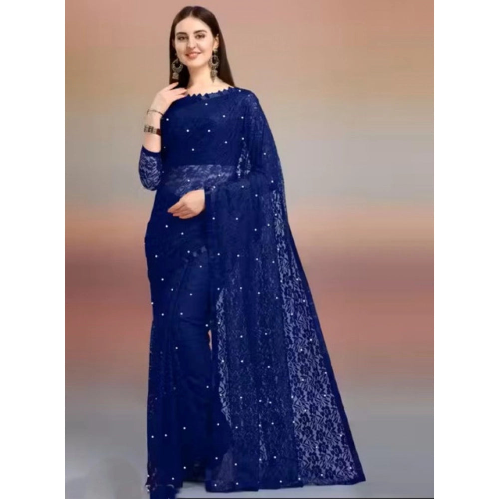 Generic Women's Net Self Design Saree With Unstitched Blouse 5.5MtrÂ (Navy Blue)
