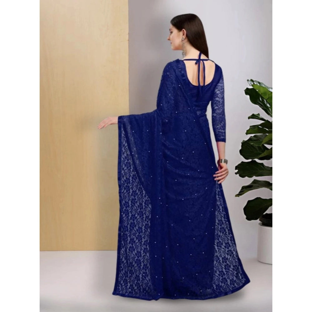 Generic Women's Net Self Design Saree With Unstitched Blouse 5.5MtrÂ (Navy Blue)