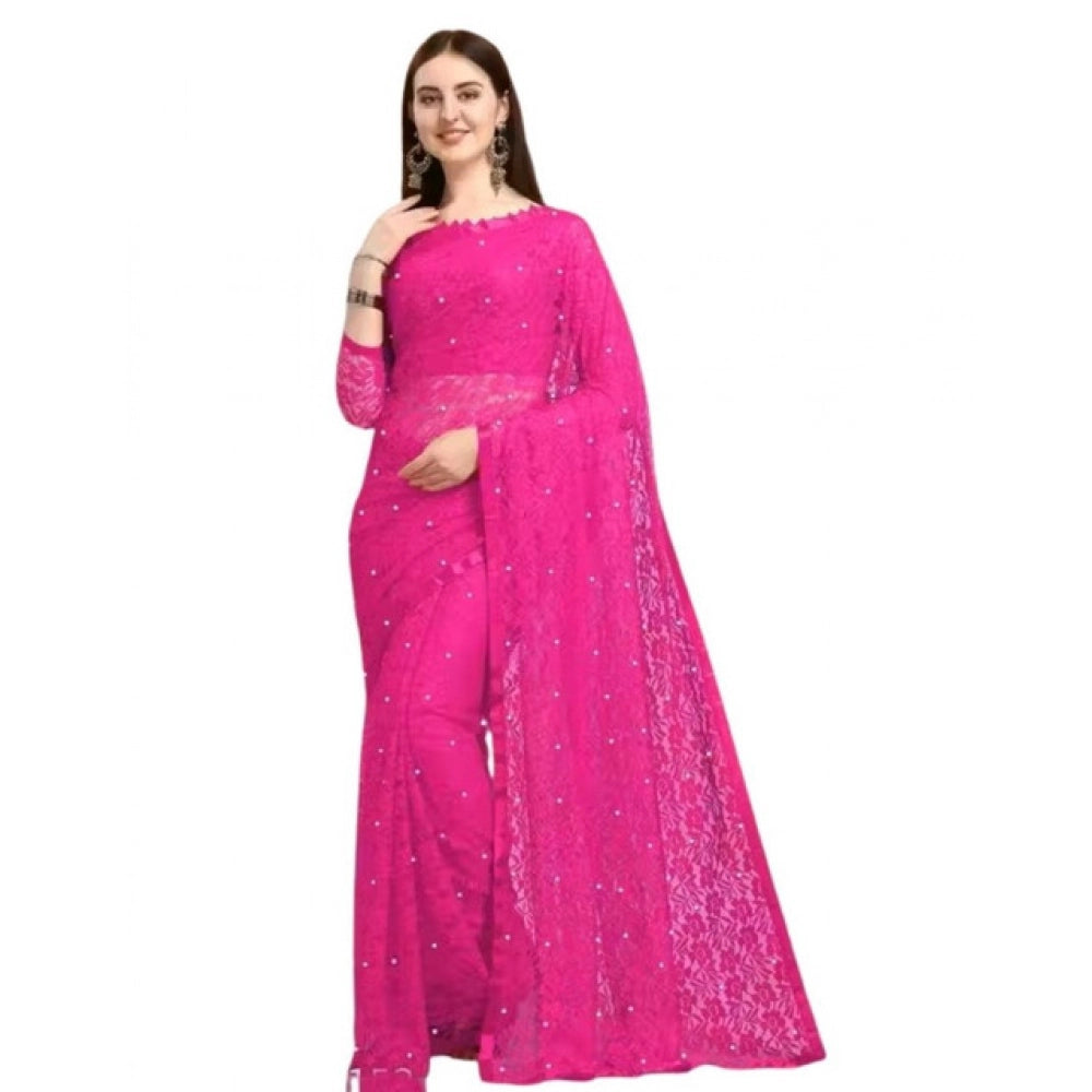 Generic Women's Net Self Design Saree With Unstitched Blouse 5.5MtrÂ (Rani)