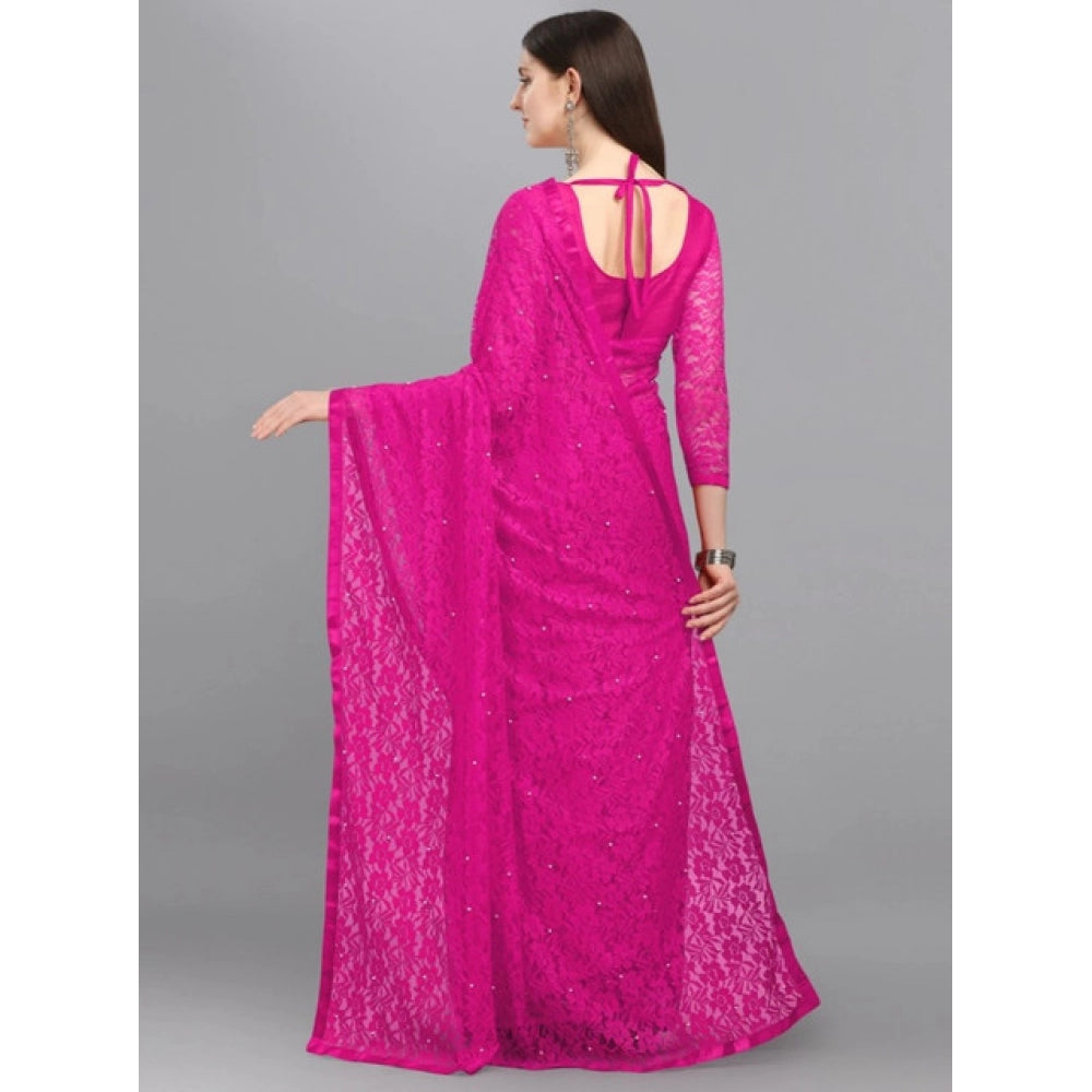 Generic Women's Net Self Design Saree With Unstitched Blouse 5.5MtrÂ (Rani)