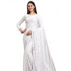 Generic Women's Net Self Design Saree With Unstitched Blouse 5.5MtrÂ (White)