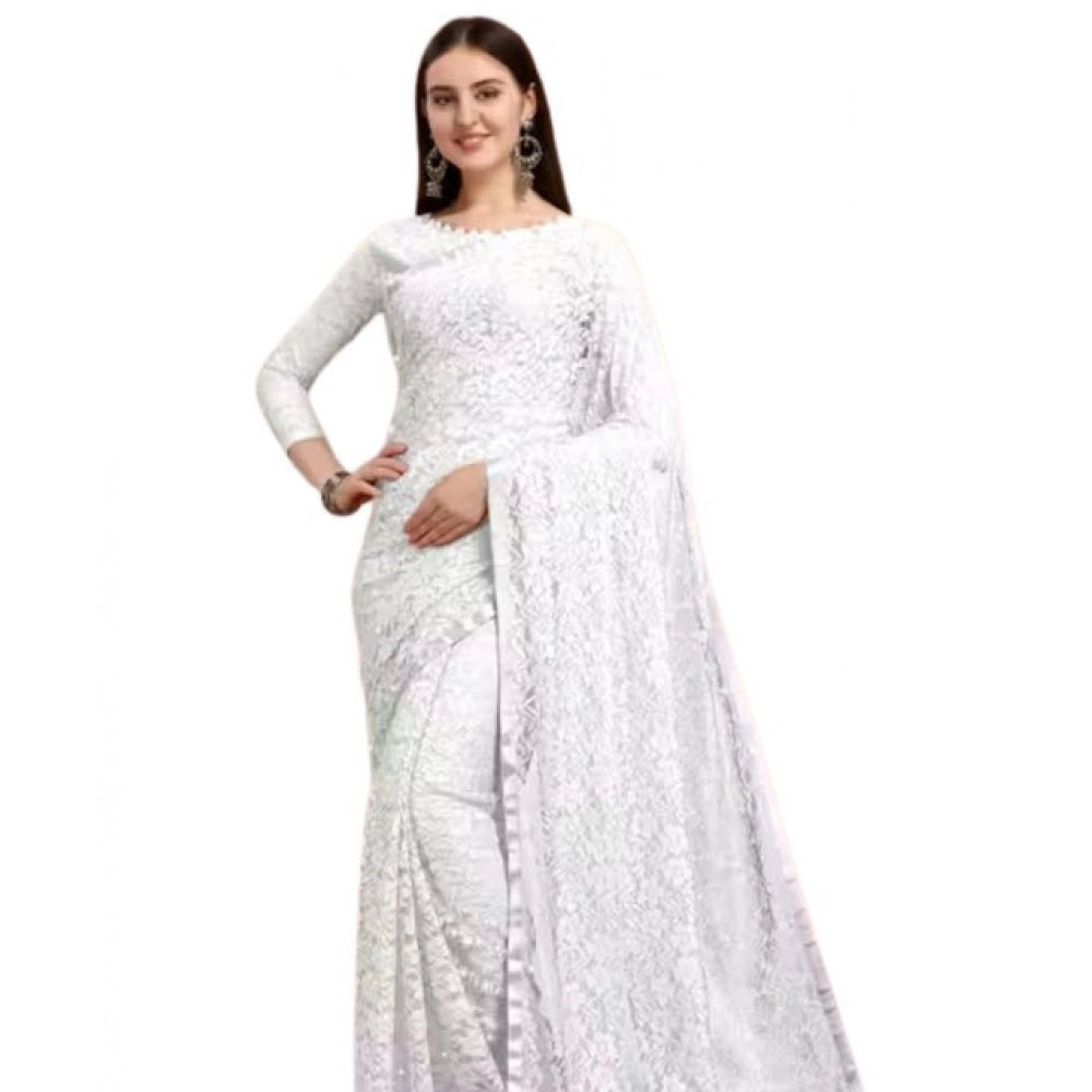 Generic Women's Net Self Design Saree With Unstitched Blouse 5.5MtrÂ (White)