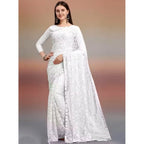 Generic Women's Net Self Design Saree With Unstitched Blouse 5.5MtrÂ (White)