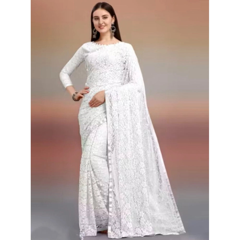 Generic Women's Net Self Design Saree With Unstitched Blouse 5.5MtrÂ (White)