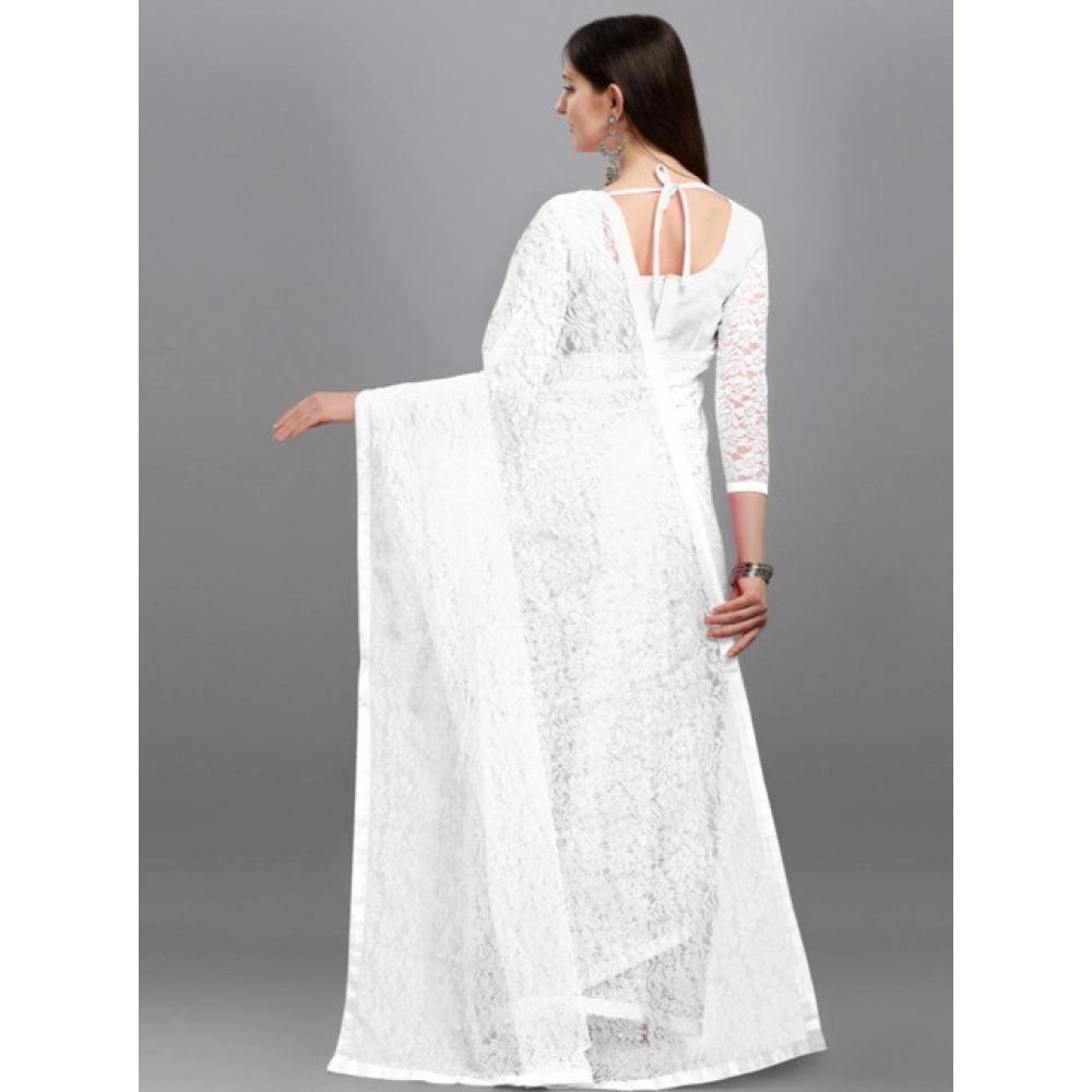 Generic Women's Net Self Design Saree With Unstitched Blouse 5.5MtrÂ (White)
