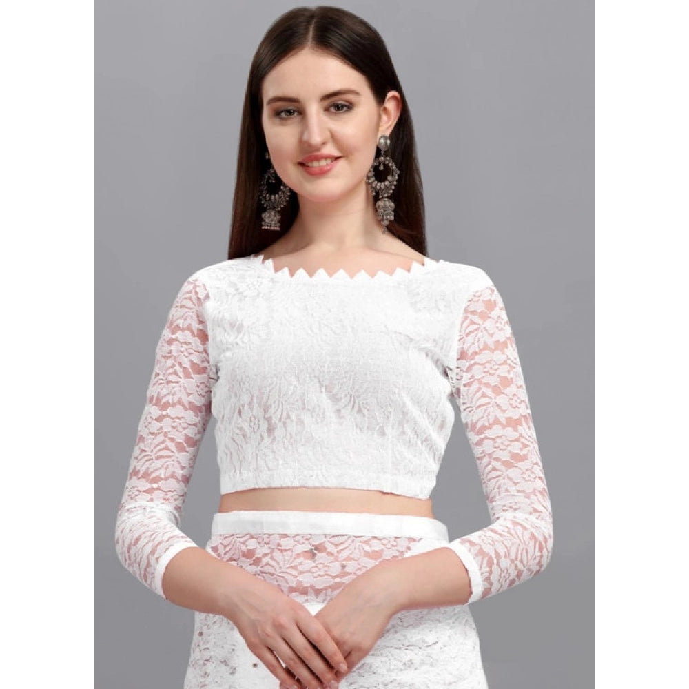 Generic Women's Net Self Design Saree With Unstitched Blouse 5.5MtrÂ (White)