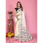 Generic Women's Linen Cotton Printed Saree With Unstitched Blouse 5.5Mtr (Off White)