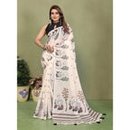 Generic Women's Linen Cotton Printed Saree With Unstitched Blouse 5.5Mtr (Off White)