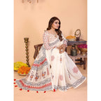 Generic Women's Linen Cotton Printed Saree With Unstitched Blouse 5.5Mtr (Off White)
