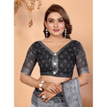  Women's Linen Cotton Printed Saree With Unstitched Blouse 5.5Mtr (White-Black)