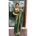  Women's Litchi silk Printed Saree With Unstitched Blouse (Green)
