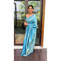  Women's Litchi silk Printed Saree With Unstitched Blouse (Sky Blue)