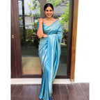 Generic Women's Litchi silk Printed Saree With Unstitched Blouse (Sky Blue)